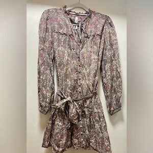 Anthropologie Boho Paisley Button Front Mini Dress XS – Long Sleeve Belted